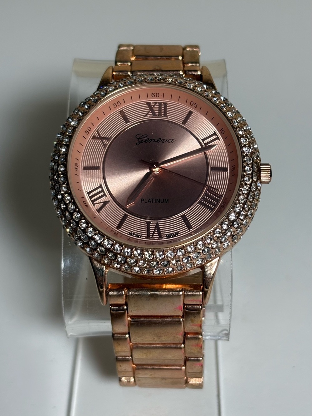 Geneva Platinum Rose Gold Crystal-Studded Women's Bracelet Watch